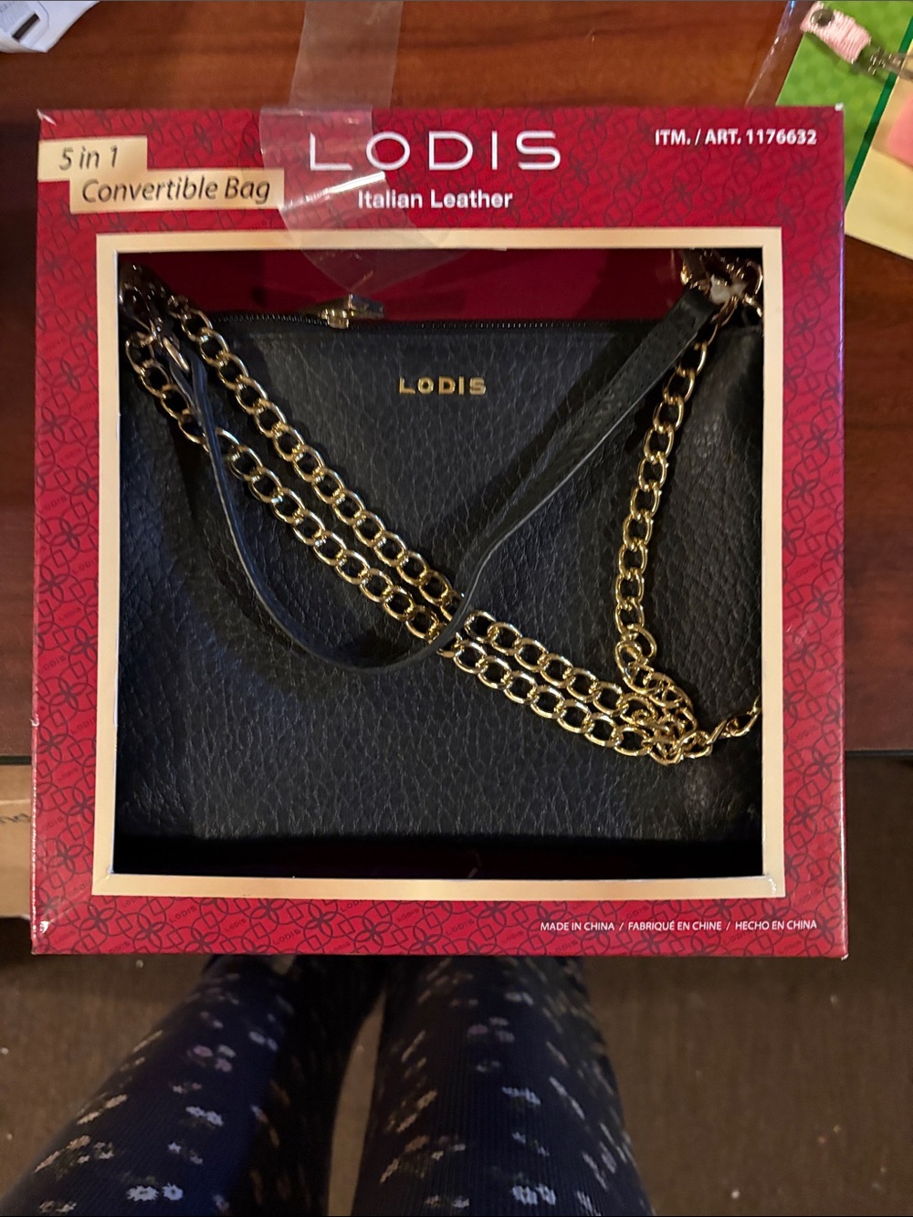 New Lodis Black Pebbled Leather Crossbody with Gold Chain